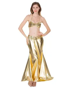 Disfraz Carnaval Traje de sirena de oro Conjunto de cola de pescado sexy para mujer Halter metálico Sujetador y falda Halloween Carnaval Halloween