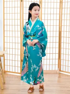 Disfraz Carnaval Disfraces japoneses Kimono para niños Vestido de poliéster azul cian Conjunto oriental para mujer Disfraces de vacaciones Carnaval Ha