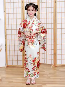 Disfraz Carnaval Disfraces japoneses Kimono para niños Vestido de poliéster blanco Conjunto de mujeres orientales Disfraces de vacaciones Carnaval Hal #324959