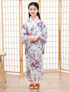 Disfraz Carnaval Disfraces japoneses Kimono para niños Vestido de poliéster blanco Conjunto de mujeres orientales Disfraces de vacaciones Carnaval Hal