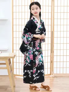 Disfraz Carnaval Disfraces japoneses Kimono para niños Vestido de poliéster negro Conjunto de mujeres orientales Disfraces de vacaciones Carnaval Hall