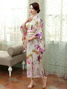Disfraz Carnaval Disfraces japoneses para adultos Kimono rosa claro Vestido de satén de poliéster Conjunto oriental Disfraces de vacaciones Carnaval H #325196