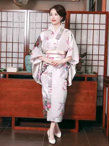 Disfraz Carnaval Disfraces japoneses para adultos Kimono rosa claro Vestido de satén de poliéster Conjunto oriental Disfraces de vacaciones Carnaval H #325199