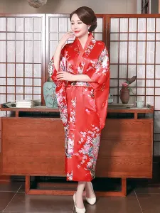 Disfraz Carnaval Disfraces japoneses para adultos Kimono rosa claro Vestido de satén de poliéster Conjunto oriental Disfraces de vacaciones Carnaval H