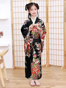 Disfraz Carnaval Disfraces japoneses para niños Kimono negro Vestido de satén de poliéster Conjunto oriental Disfraces de vacaciones Carnaval Hallowee