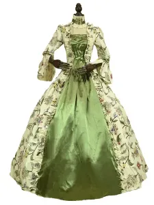 Disfraz Carnaval Disfraz del siglo XVIII Disfraces retro verde Vestido estampado floral Mujer Estilo victoriano Conjunto de traje de María Antonieta C #326938