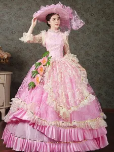 Disfraz Carnaval Traje Vintage Halloween real victoriana rosa desfile Vestido de encaje de las mujeres Halloween