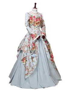 Vestido victoriano Costme Satén para mujer Celeste claro Estampado floral Vestido de baile de María Antonieta Trompeta Mangas largas con gargantilla R #327151