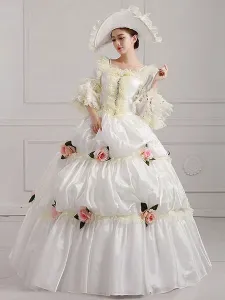 Vestido victoriano, disfraz de mujer, ropa de la era victoriana, escote cuadrado blanco, vestido de baile, vestido de desfile con flores, trajes de Ha #227751