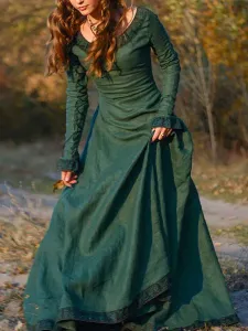 Vestido vintage medieval Vestido de oscilación de mangas largas en capas marrón Disfraz de Cosplay Halloween #384001