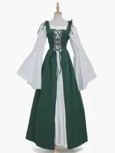 Vestido vintage medieval Vestido verde de manga larga con capas Swing Disfraz de Cosplay Halloween #383870