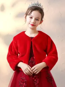 Abrigo de piel sintética de manga larga roja con envolturas de niña de las flores Blusa de invierno de niña de las flores #402199
