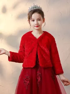 Abrigo de piel sintética de manga larga roja con envolturas de niña de las flores Blusa de invierno de niña de las flores