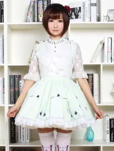Dulce Lolita Vestido en verde claro impreso Qi Lolita falda de tirantes con encaje blanco #216303