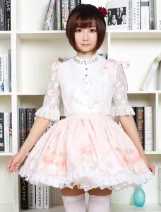 Dulce Vestido de Lolita linda flor rosa impresa Qi Lolita encaje ajuste falda con tirantes #216328