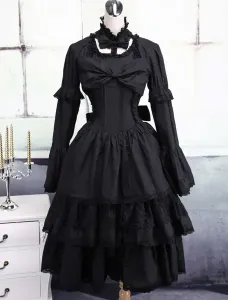 Traje de lolita de algodón negro con escote alto de estilo clásico #191267