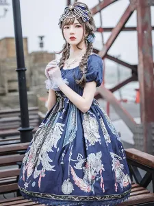 Vestido clásico de Lolita OP Infanta Tema de cuento de hadas Patrón de estampado floral Vestidos de una pieza de Lolita de encaje azul profundo #429185
