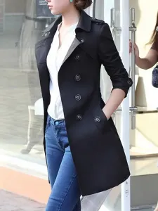 abrigo mujer caqui con manga larga de cuello vuelto de algodón Color liso Moda Mujer con botones Normal estilo retro Otoño Chaquetas #307725