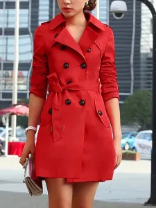 abrigo mujer caqui con manga larga de cuello vuelto de algodón Color liso Moda Mujer con botones Normal estilo retro Otoño Chaquetas #444019