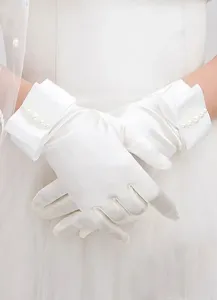 Boda guantes guantes novia satén corto blanco con perlas arco