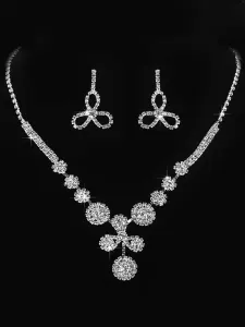 Conjunto de joyas de boda Conjunto de collar de pendientes de novia de flor de diamantes de imitación de plata