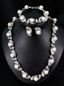 Perlas de joyería de la boda conjunto Rhinestones Vintage pulsera nupcial aretes collar conjunto 3 piezas