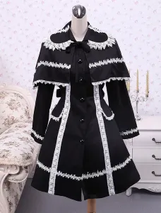 Abrigo de Lolita de algodón negro con manga larga #205092