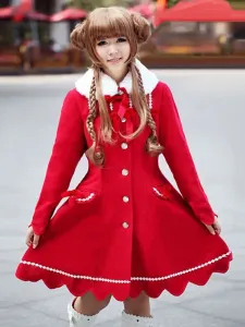 Chaquetas de Lolita de cachemira rojas de cuello vuelto con manga larga de dos tonos con cordones #222894
