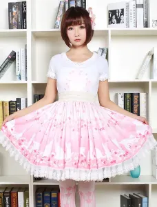 Lolita cute vestido Kitty rosa Sakura impreso Lolita falda de encaje blanco plisado del ajuste #216342