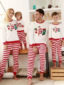Pijamas de Navidad para la familia Conjunto superior de pantalones de bloque de color de rayas de mezcla de algodón rojo #395309