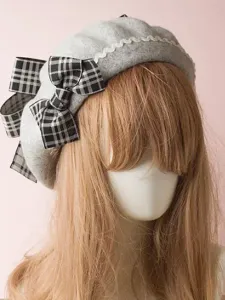 Clásico Lolita Beret Plaid Bow Wool Borgoña Lolita Bowler Hat #262971