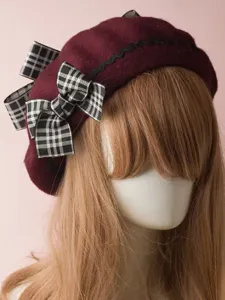 Clásico Lolita Beret Plaid Bow Wool Borgoña Lolita Bowler Hat #262973