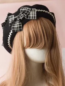 Clásico Lolita Beret Plaid Bow Wool Borgoña Lolita Bowler Hat #262975