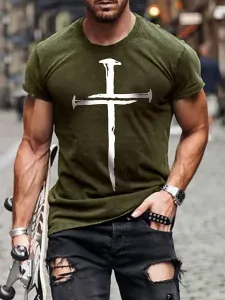 Camisetas para hombre, elegante, con cuello joya, estampado, manga corta, verde cazador, camiseta de verano #430118