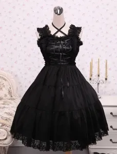 Puro Negro Algodón Lolita Vestido Encaje Trim Encaje #205953