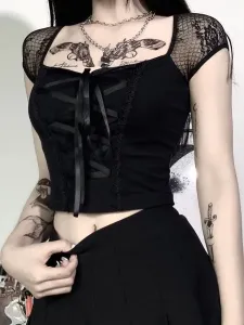 Camisa gótica negra para mujer Top de algodón sexy Top gótico de manga corta con cuello cuadrado #396092