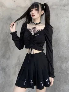 Camiseta negra para mujer Camisa gótica de manga larga de poliéster gótico #396099