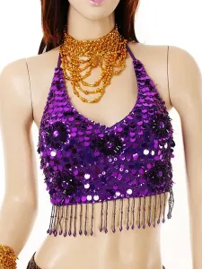 Disfraz Carnaval Ropa de color púrpura de danza del vientre con borlas con collar Halter  Halloween