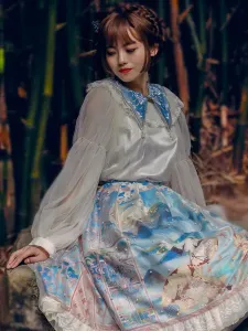 Estilo chino Lolita Conjunto de 5 piezas Falda azul cielo claro Gargantilla Camisa de poliéster Trajes de Lolita #409287