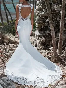 Vestido de novia 2023 sirena encaje joya cuello sin mangas espalda ahueca hacia fuera vestidos de novia con tren #324611