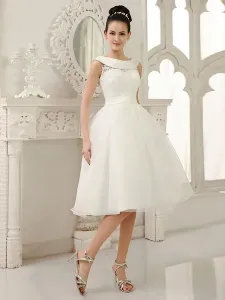Marfil vestido de novia con escote redondo y cuentas hasta la rodilla Milanoo #192433