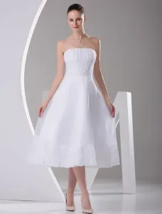 Vestidos De Novia Sencillos Blanco Sin Tirantes Linea-A Satin Corto Vestido De Novia De Recepción