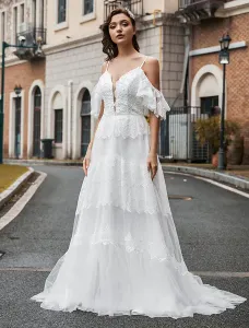 BOHO Vestido de novia Lace A-Line Cuello en V Cintura natural Bata de boda Bata #396960