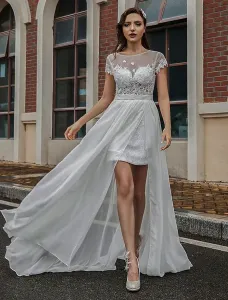 Personalizar vestido de novia bohemio con tren de manga corta con cuello joya encaje gasa vestido largo de escarda #398914