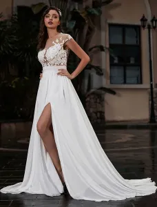 Vestido de novia Playa A-Line Silhouette Jewel Cuello Botice Bodice Game Body #397120