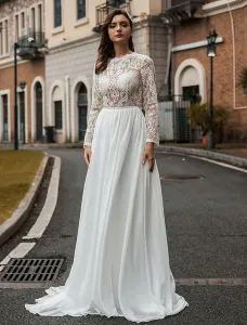 Vestido de novia simple Lace Jewel Cuello Mangas largas Casa de gasa A-Line 30 cm Vestidos nupciales #397094