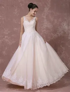 Champagne vestido sin espalda Vestido de novia palabra de longitud rebordear vestido lujo nupcial vestido de novia encaje #222839