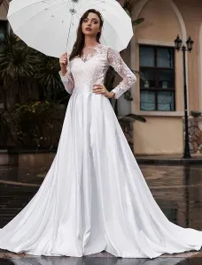 Vestido de boda Princesa Silueta Corte Tren Joyero Cuello Mangas largas Cintura Natural Encaje Tulle Vestidos de novia #397172