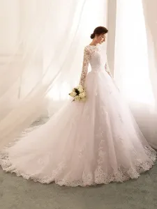 Vestidos de novia 2023 Princess Silhouette Bateau Neck Manga larga Cintura natural Encaje Tul Vestidos de novia