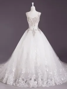Vestidos de novia 2023 Vestido de bola Vestido de Boda Diamantes sintético con cuentas Correas Marfil Catedral Tren vestido de boda de lujo #191470